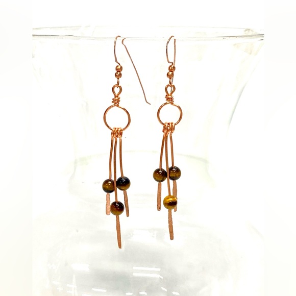 HANDMADE Tigers Eye and Hand Wrapped and Hammered Bare Copper Dangle Earrings - Picture 3 of 10